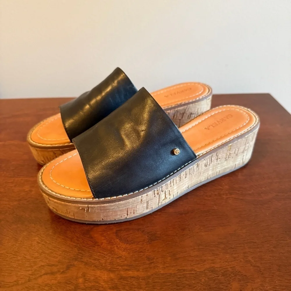 Black Leather Upper and Cork Platform Slip-On Sandals